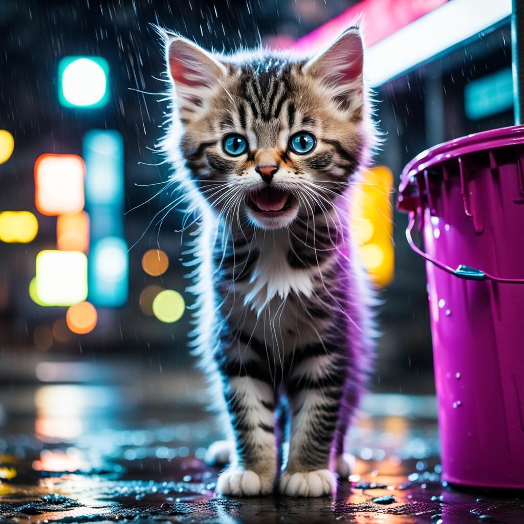 Adorable Kitten in Rainy City Night Scene