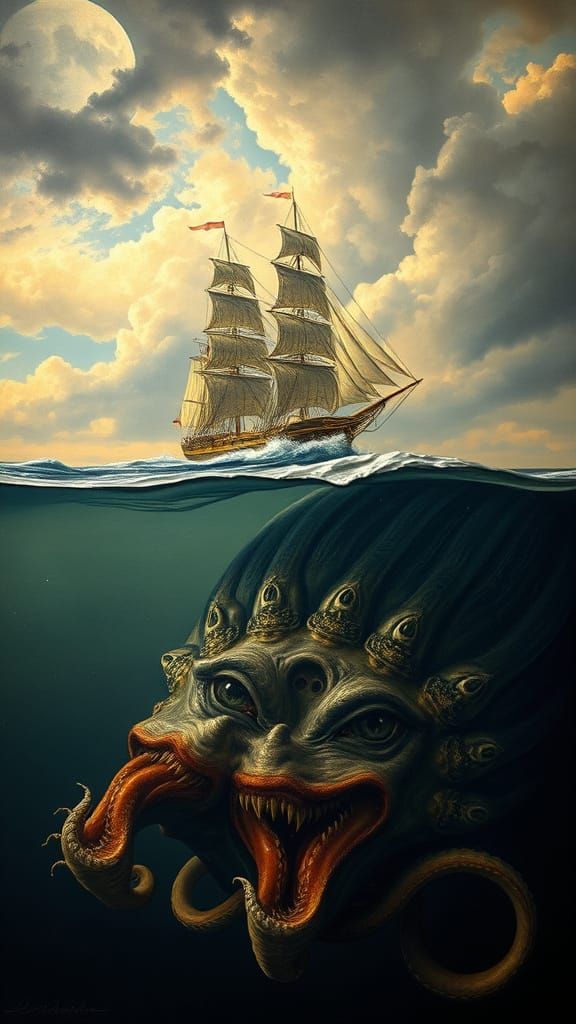 Dutch Renaissance Style Painting of a Stormy Sea with a Sail...