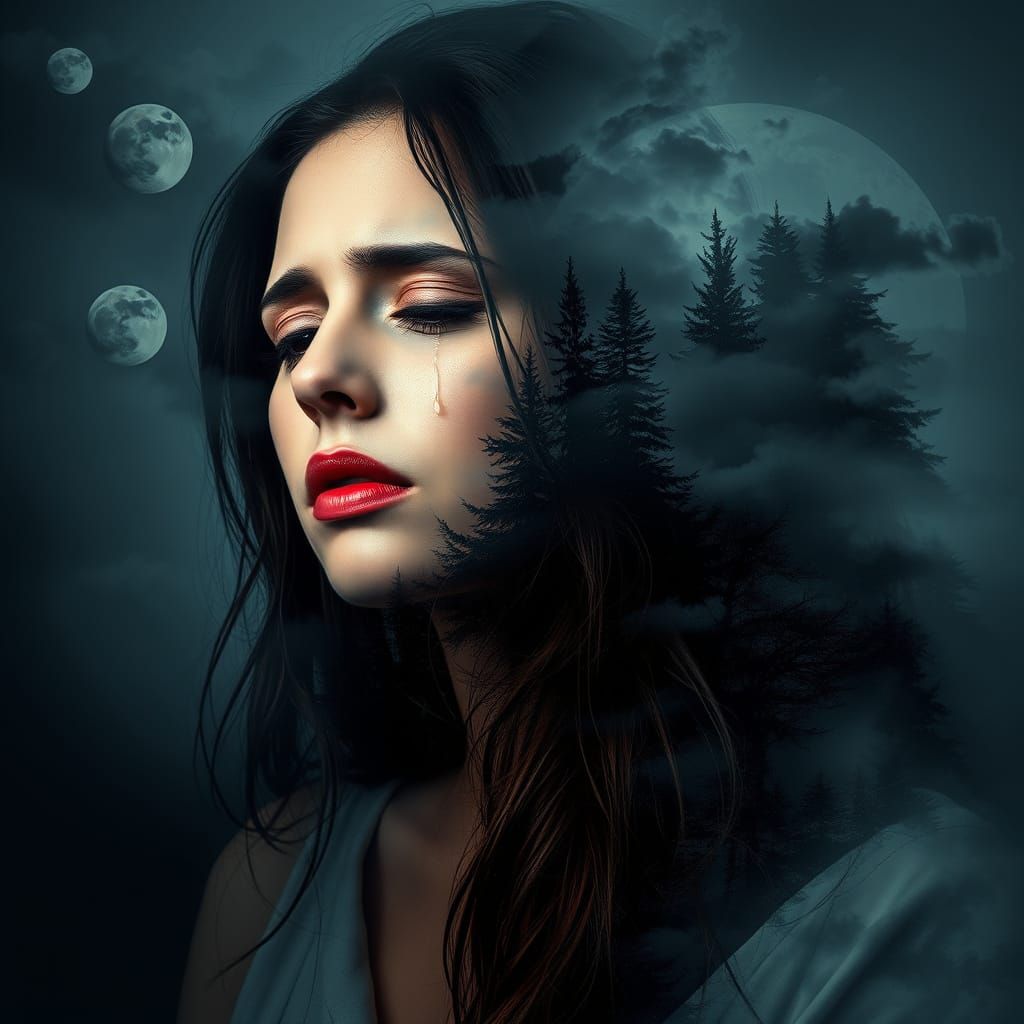 Surreal Woman Overwhelmed by Emotional Storm