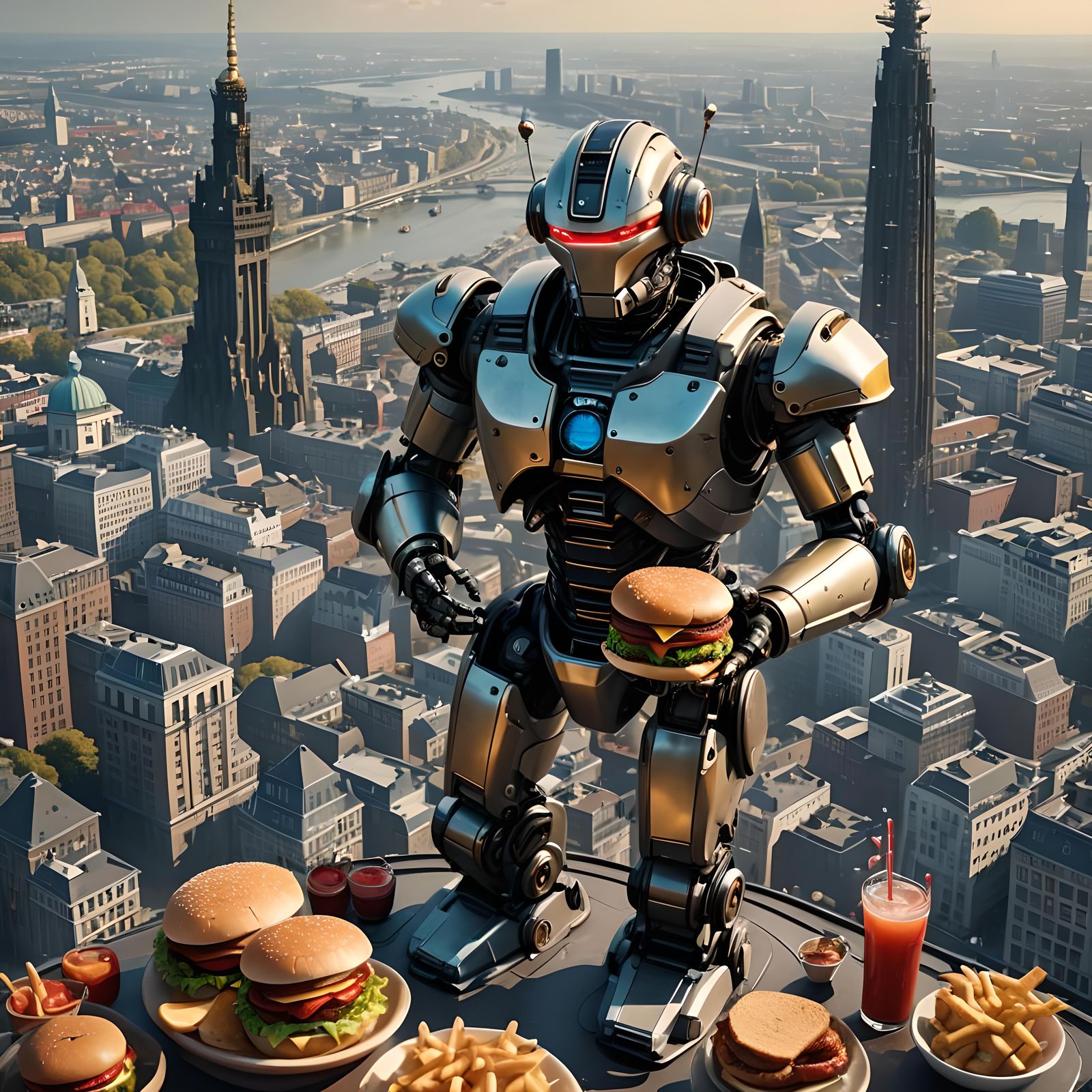 Futuristic Robot on Rheinturm with Burger, Detailed Art