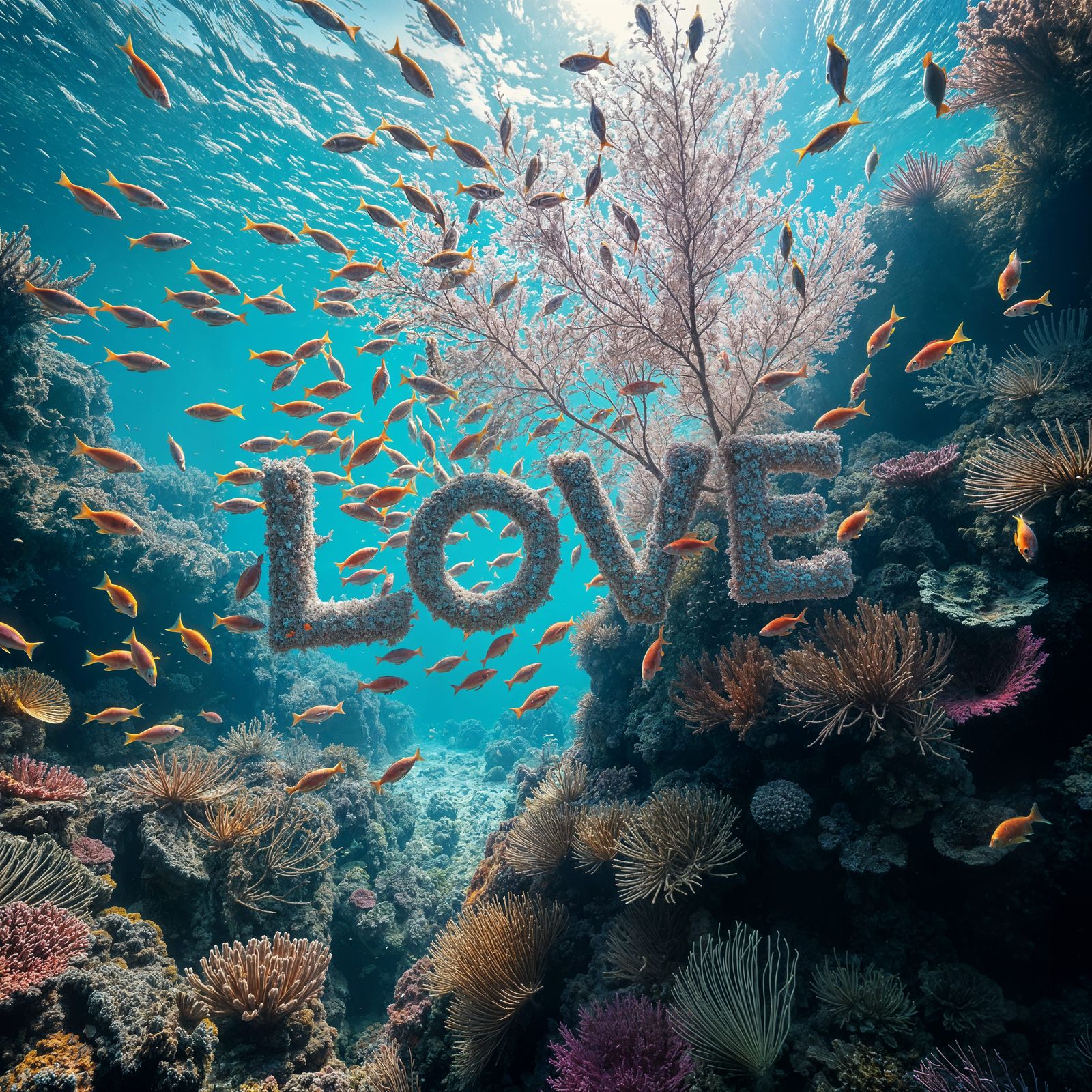 Underwater Landscape with Fish Spelling Love