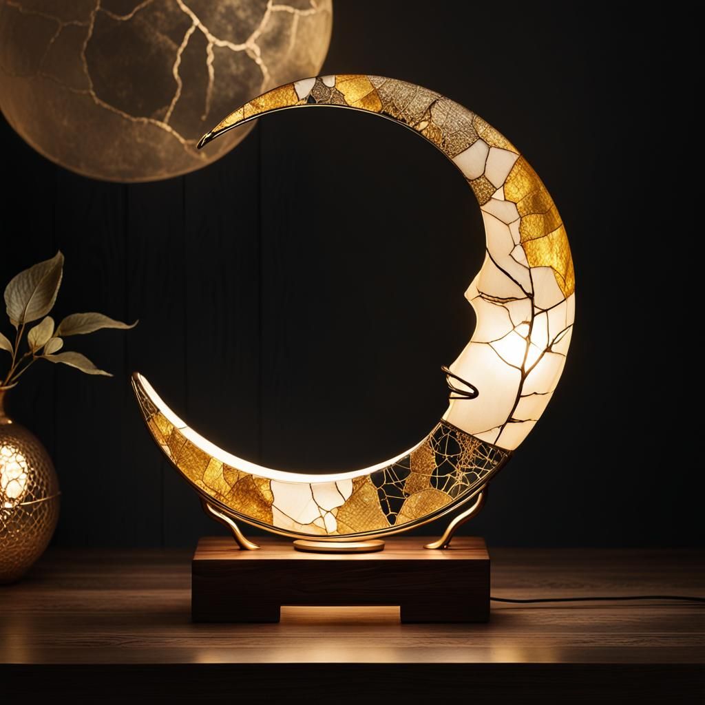 Kintsugi Crescent Moon Lamp with Golden Glow