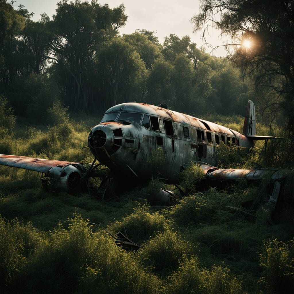 Derelict Airplane in Swamp at Sunset