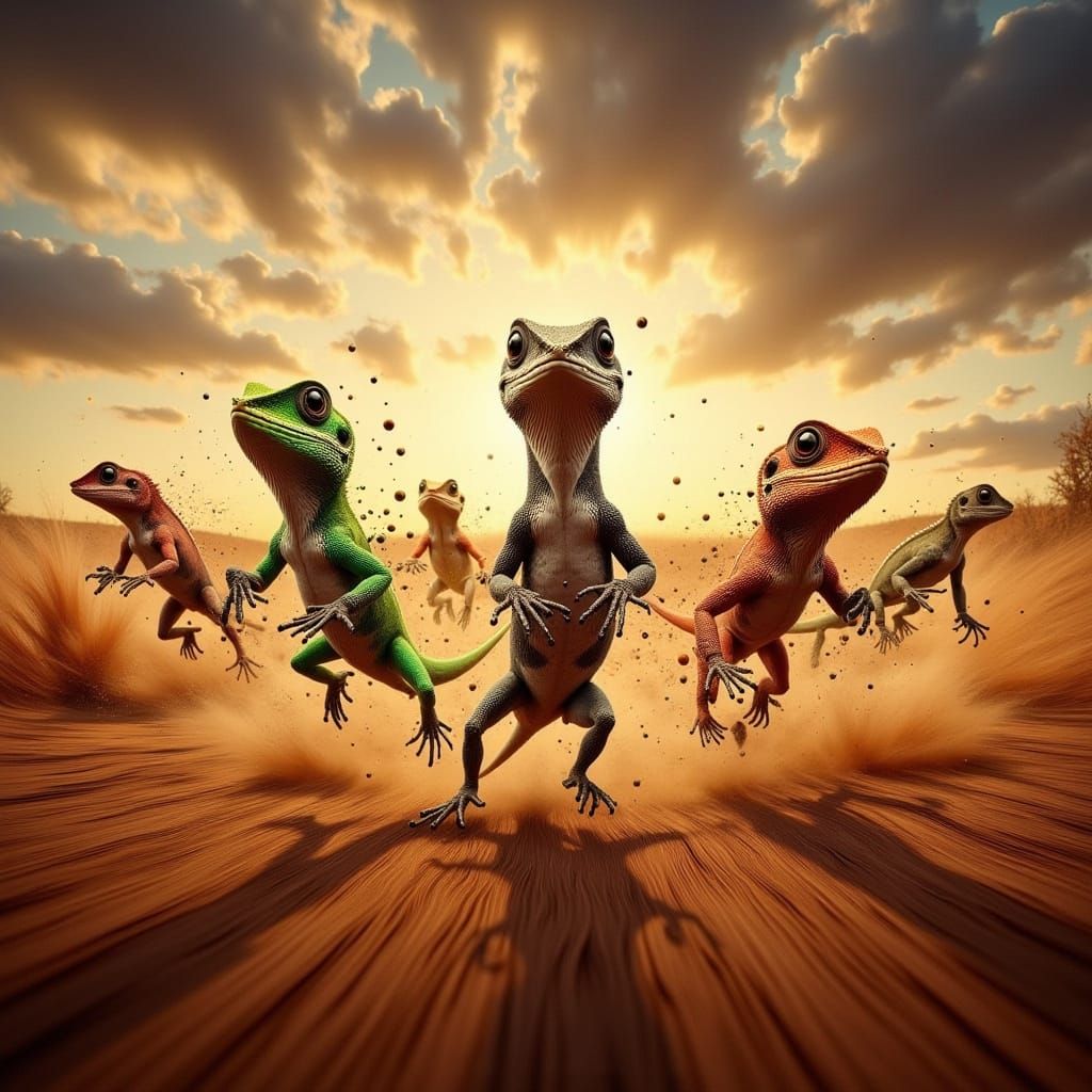 Geckos and Zebra Race Towards Viewer in Dusty Grassland