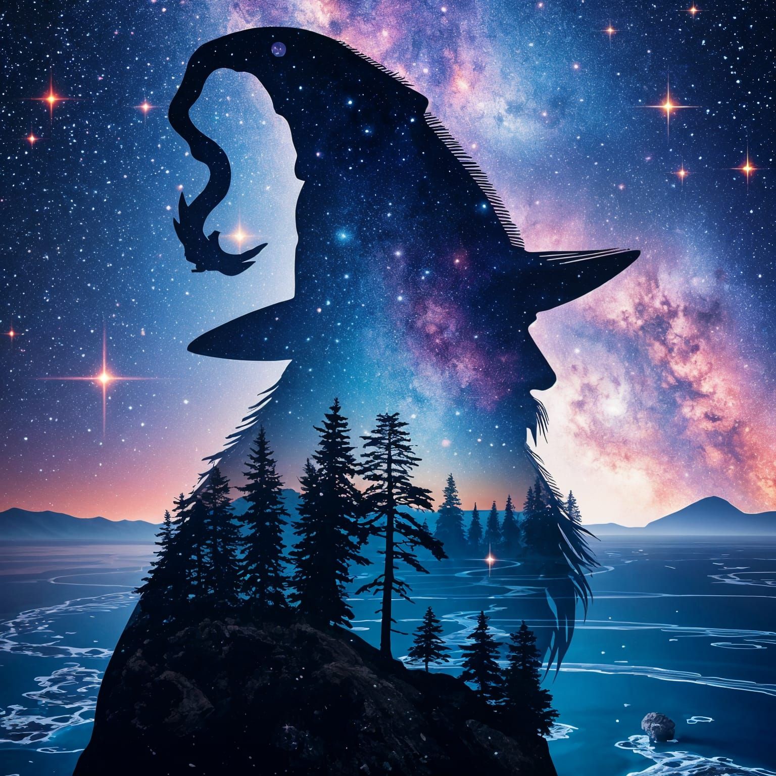 Galactic Wizard Silhouette in a Whimsical World