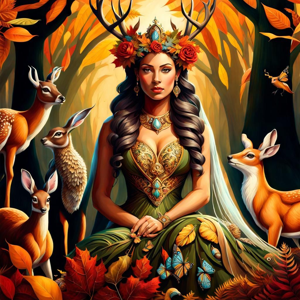 Animal Goddess with Autumnal Dress, Hyperdetailed Fantasy Ar...