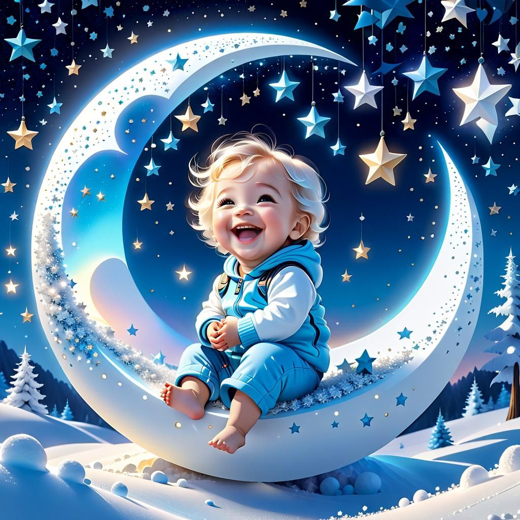 Toddler Laughing on the Moon in Pastel Colors