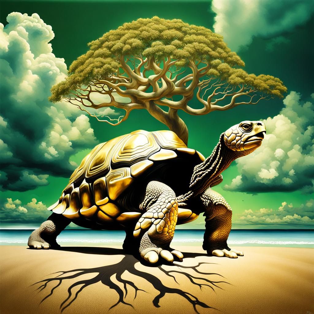 Surreal Beach Scene: Golden Hand-Man and Tortoise