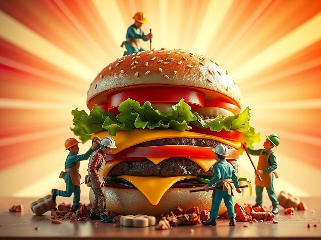 Micro People Construction Site Crafting a Colossal Cheeseburger