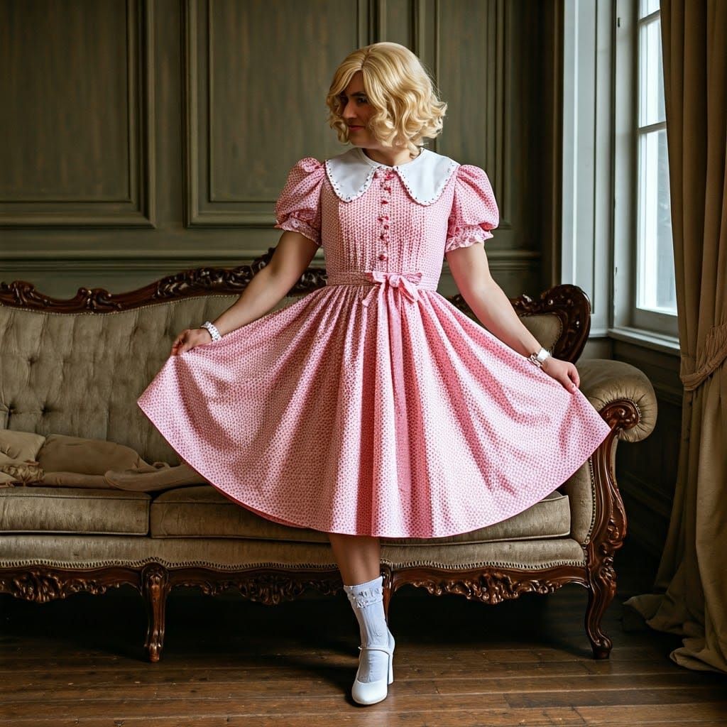 Happy Efebic Youth Plays with Hem of Frilly Dress