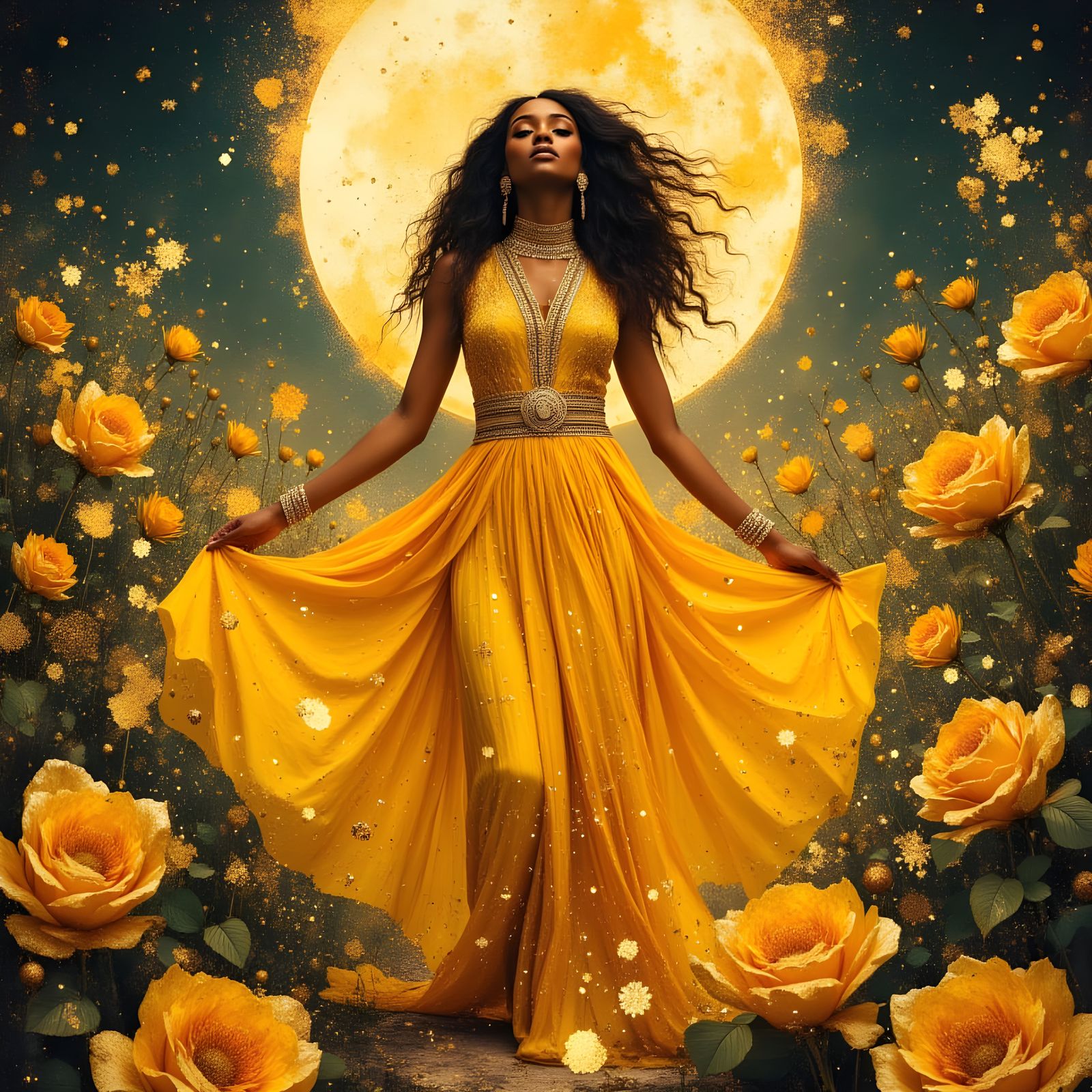 African Goddess in Flowing Fire Dress on Alien Planet