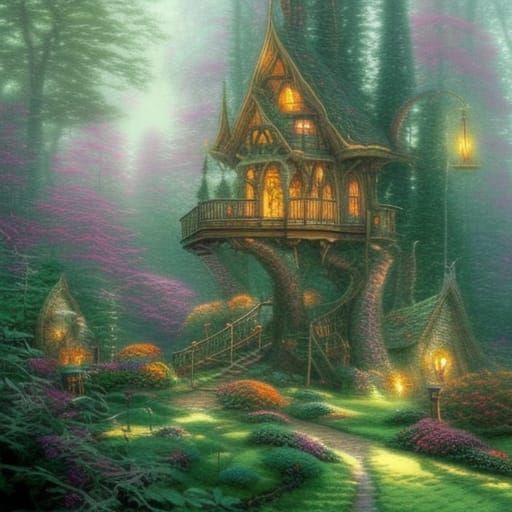 Ethereal Elven Treehouse in a Misty Forest