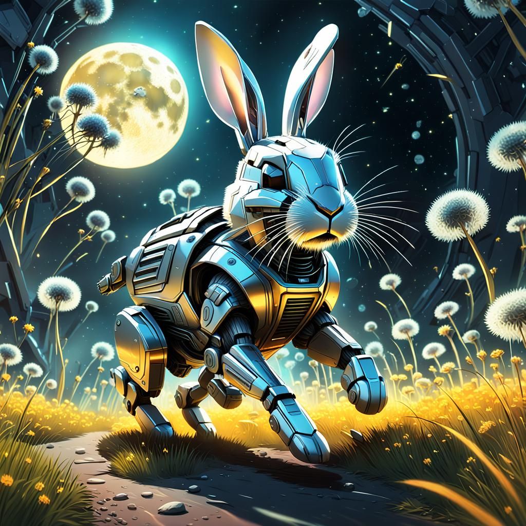 Cyberpunk Rabbit in Dandelion Field at Night