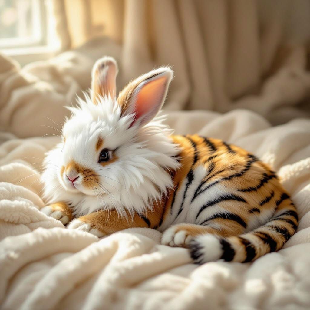 Whimsical Rabbit Tiger Hybrid on Plush Blanket