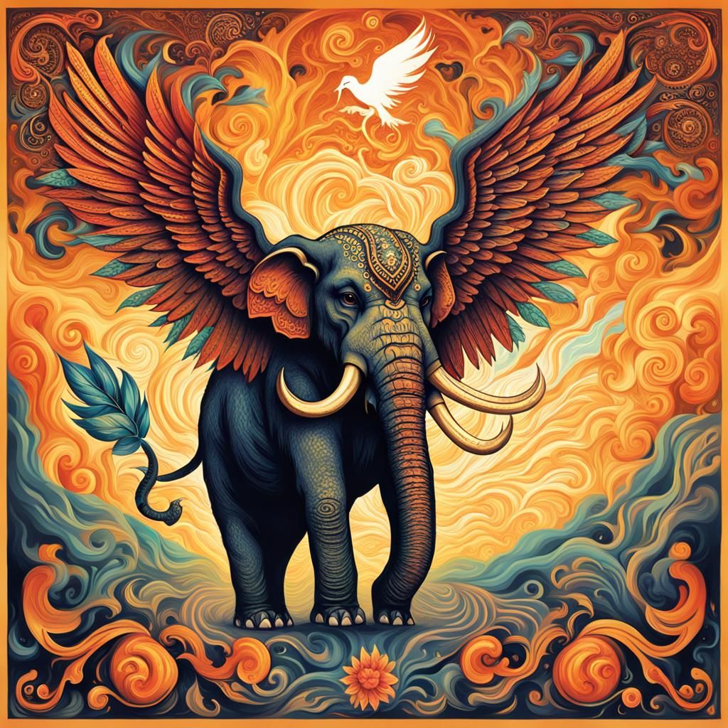 Phoenix Rising from Elephant in Magical Realm