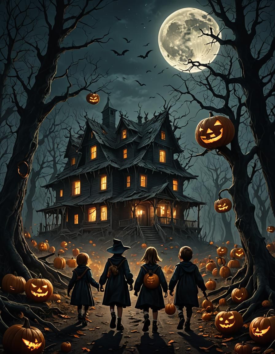 Eerie Halloween: Children in a Haunted Forest