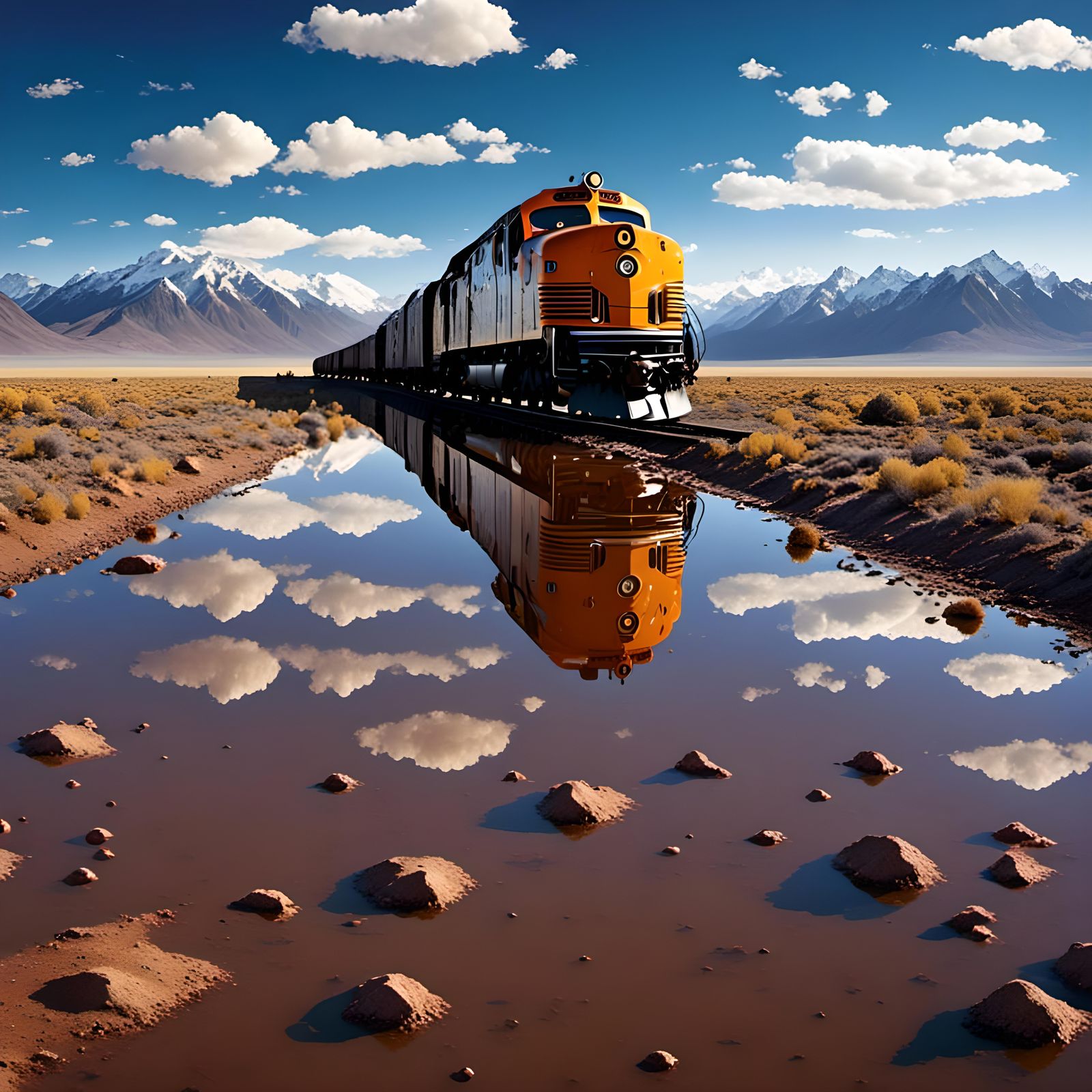 Locomotive in Dreamlike Landscape with Reflections