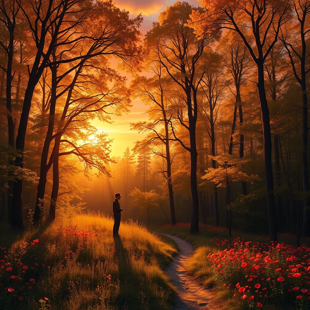 Lone Figure at Forest Edge During Golden Sunset
