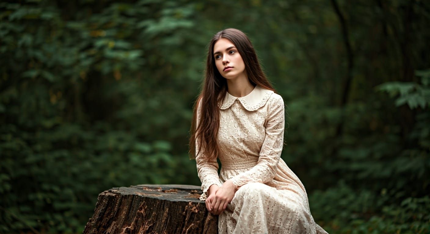 Contemplative Woman in Forest, Art Nouveau Style