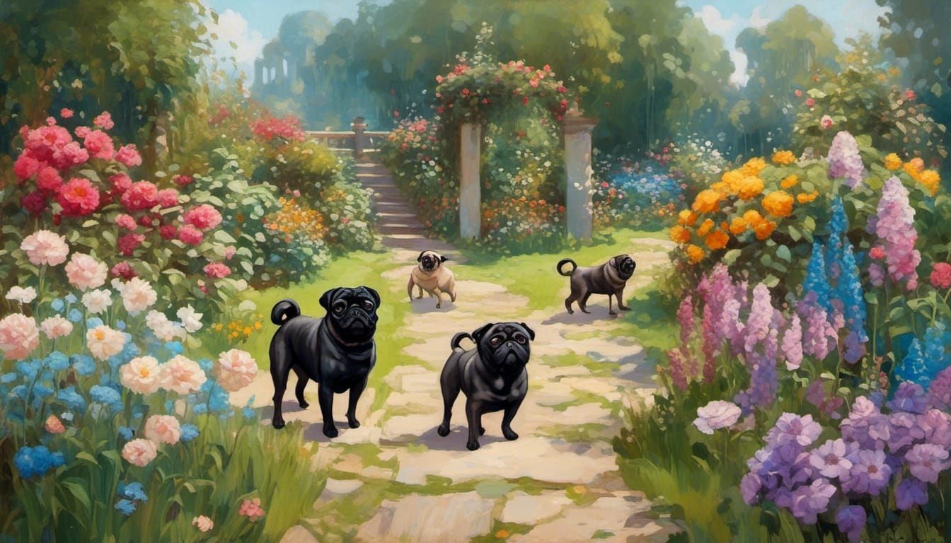 Pastel Watercolor Garden Path with Pugs