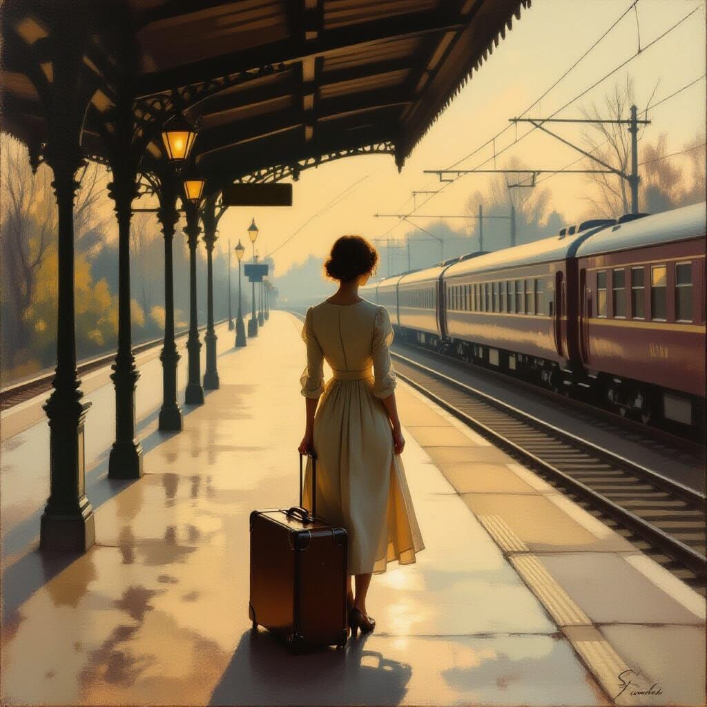 Impressionist Oil Painting of Woman on Train Platform