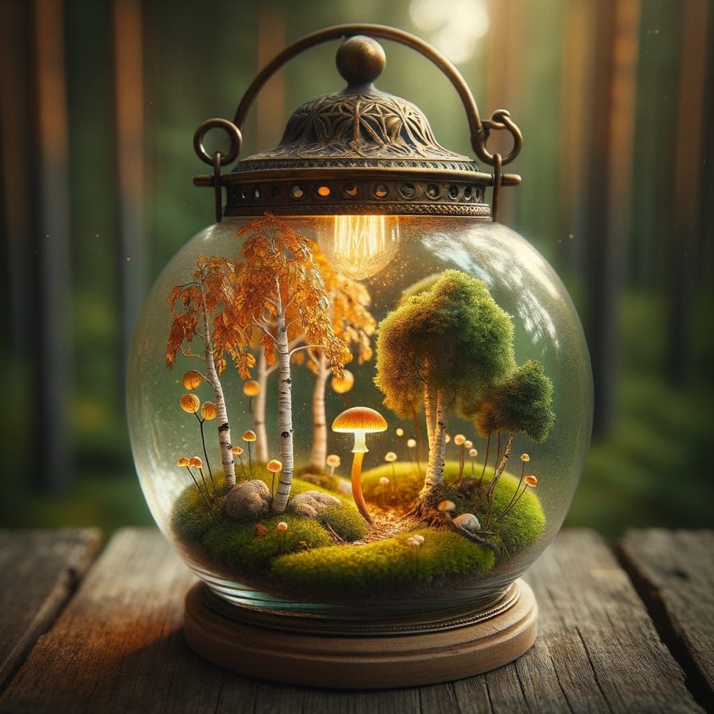 A serene, miniature forest scene contained within an antique...