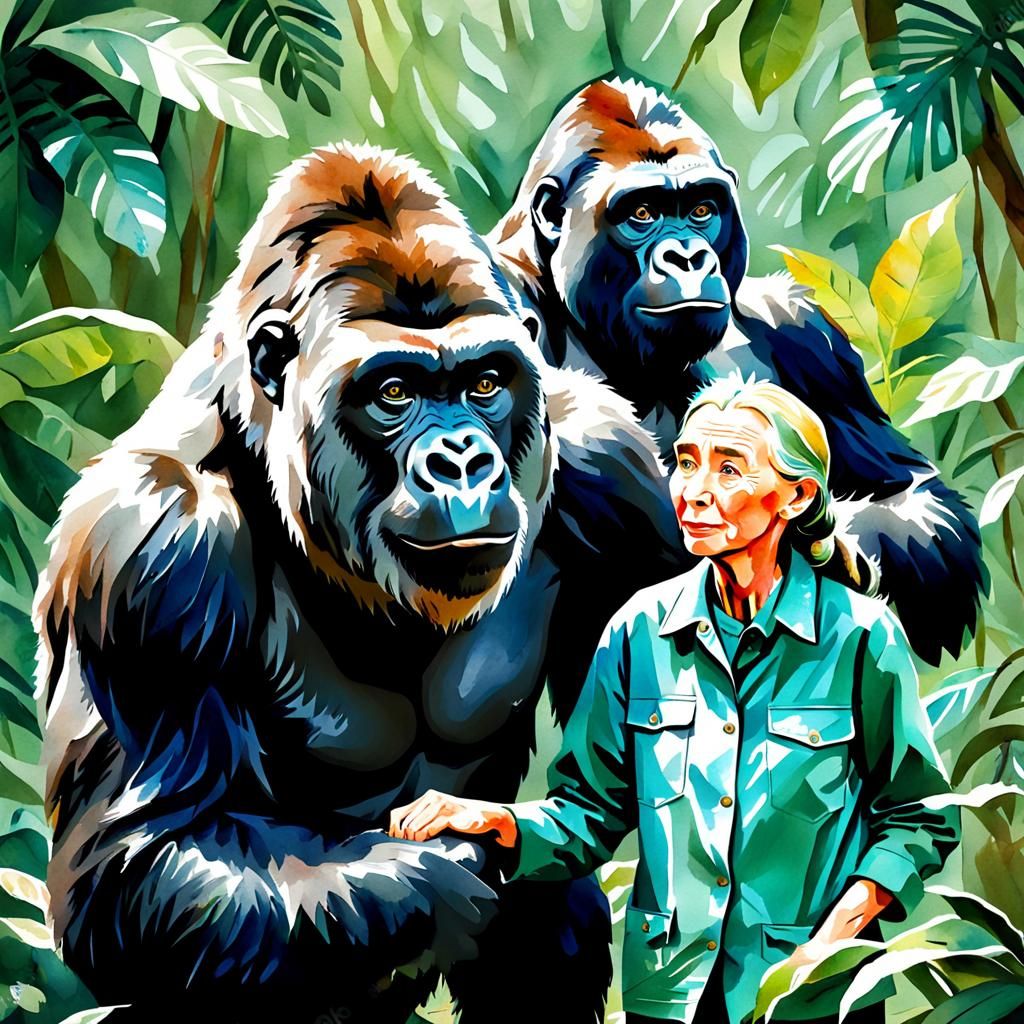 Jane Goodall and Gorilla in Watercolor Style