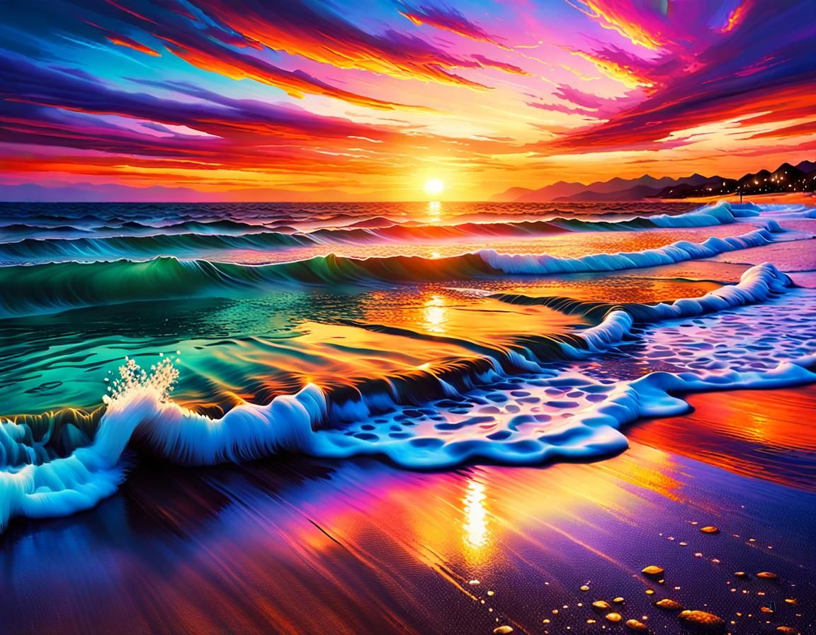 Vibrant Sunset Reflection on Calm Ocean Beach