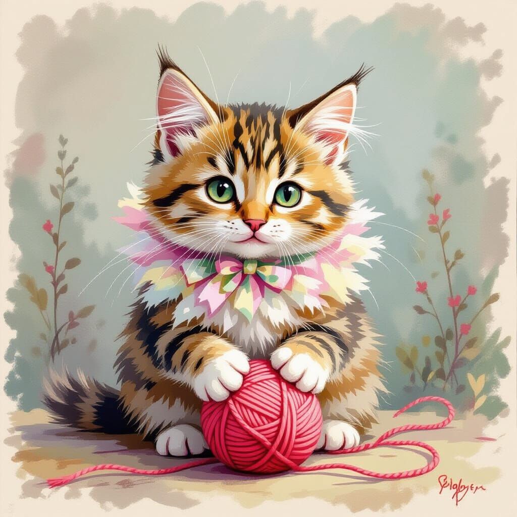 Adorable Cat Playing Yarn, Whimsical Gouache Painting