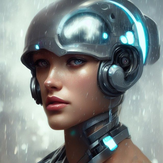 Rain-soaked Cyborg Girl Portrait in Digital Art Style