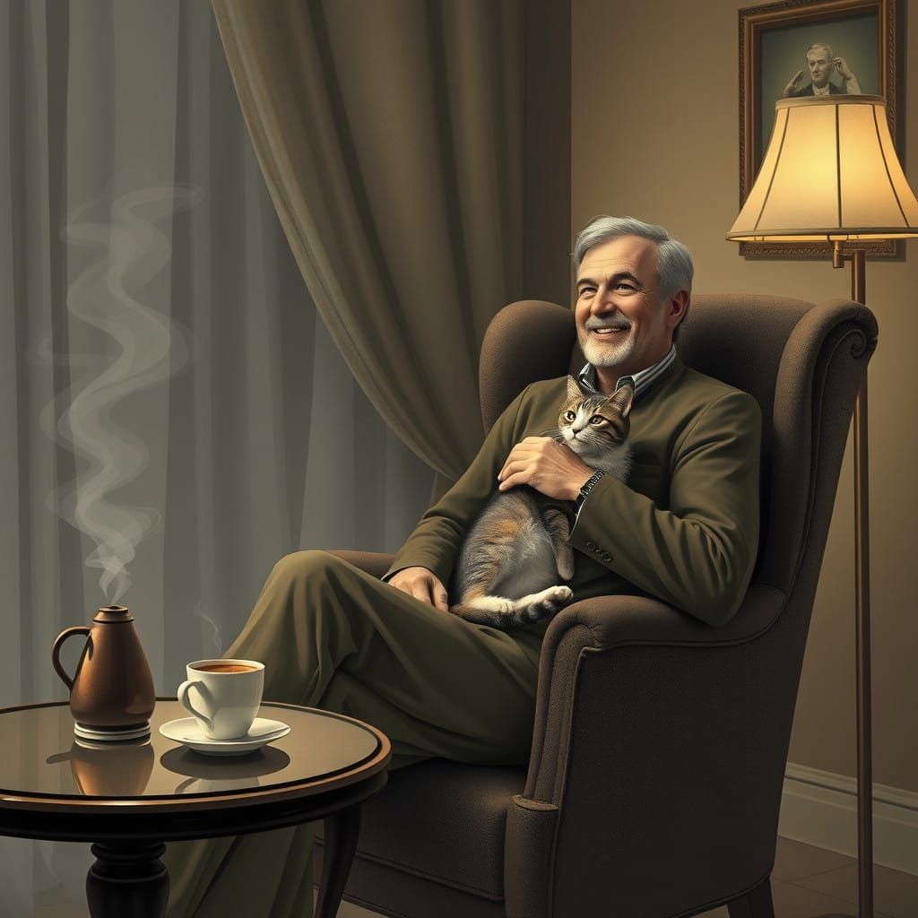 Surreal Art Deco Gentleman Enjoys Coffee and Feline Companio...