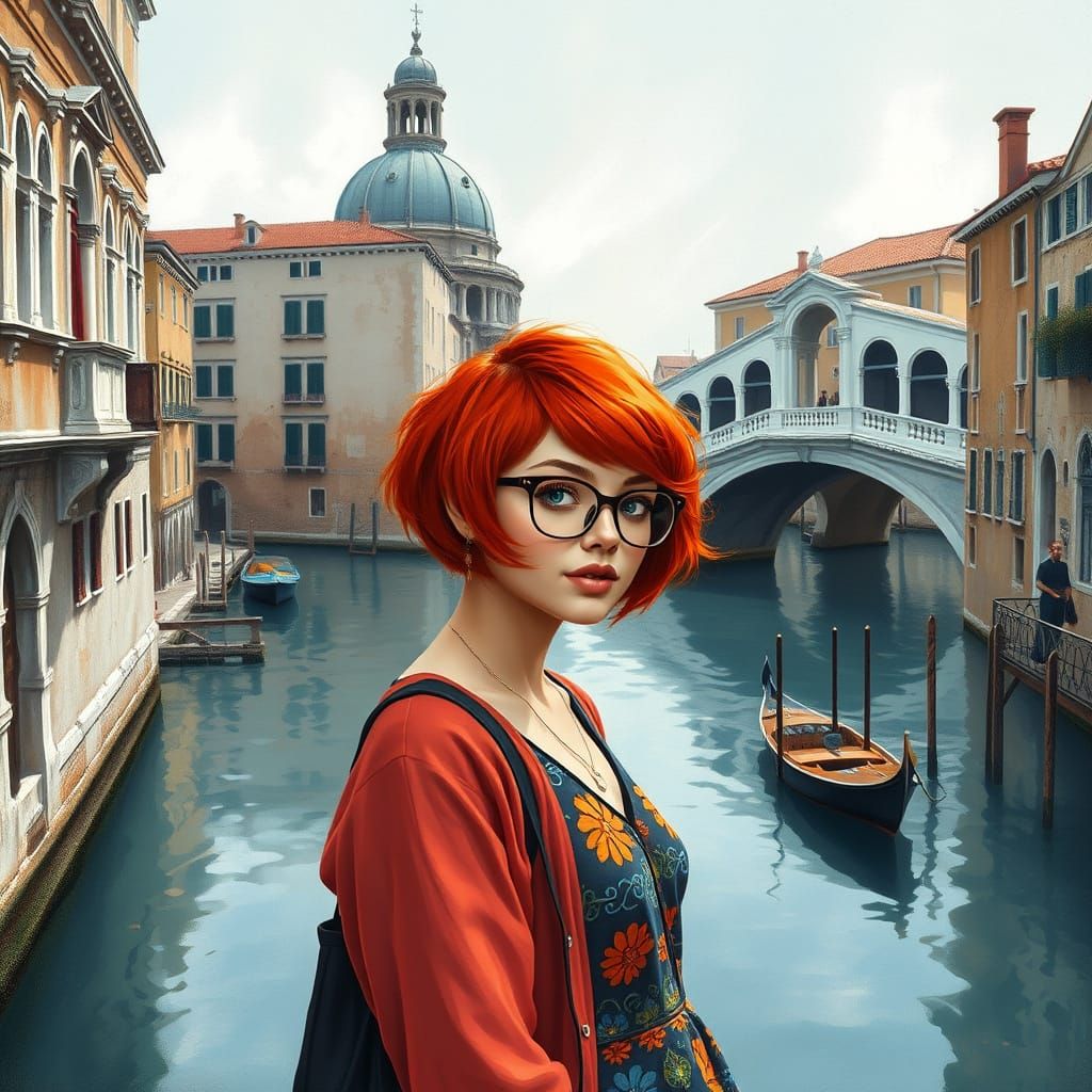Vibrant Redhead Girl in Gouache Style Venice