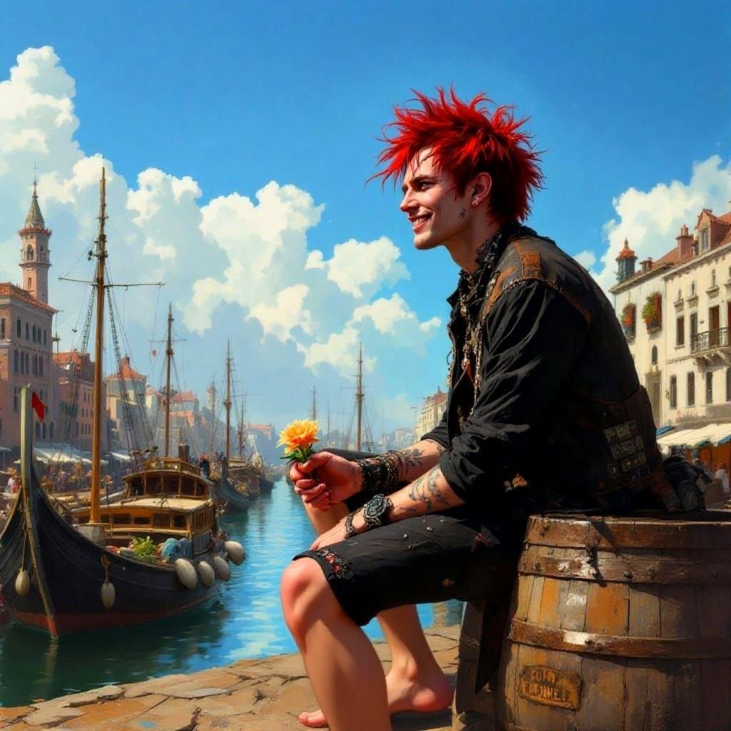 Hippie Goth Punk Man in Port with Old Boats, Artistic Painti...