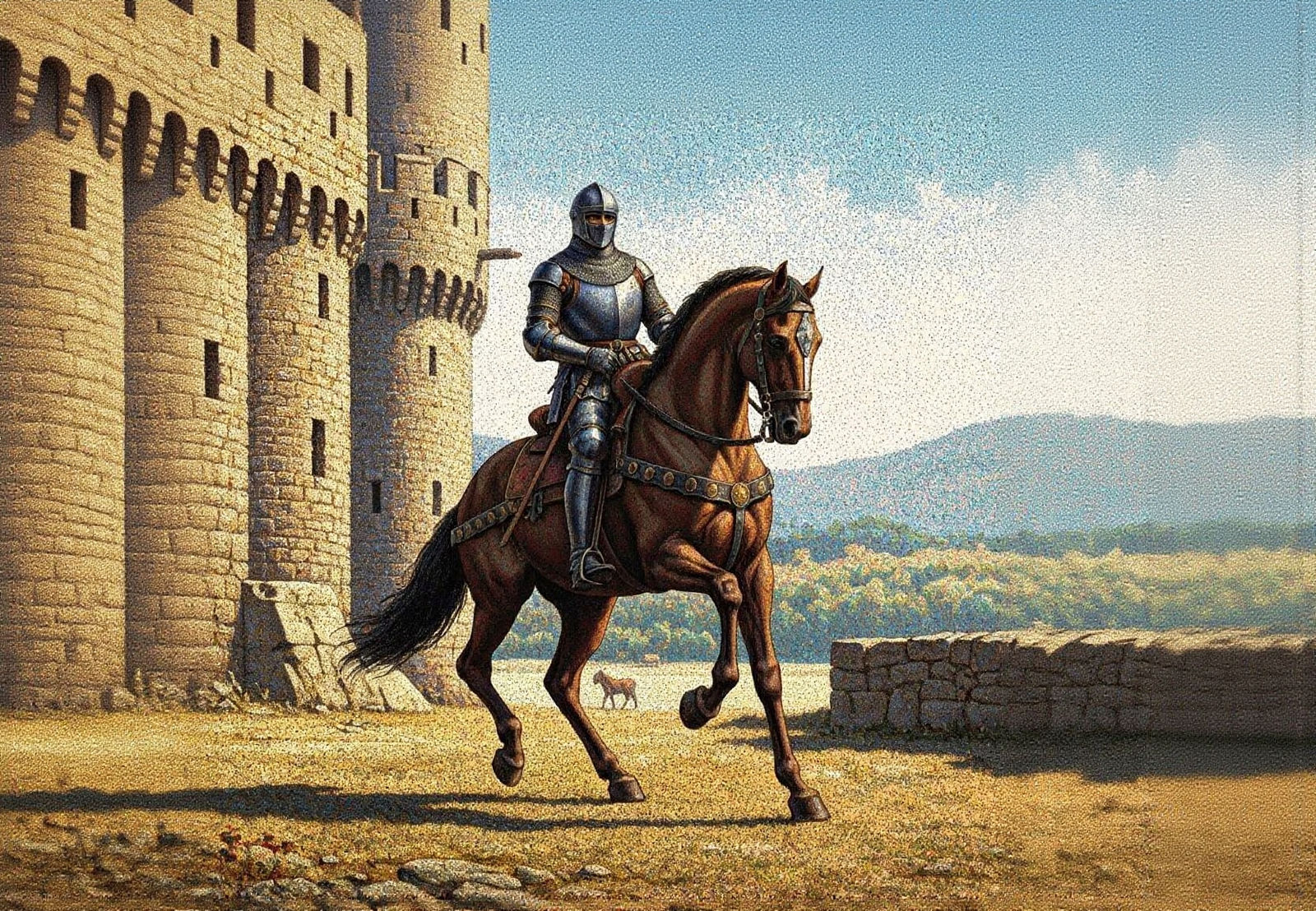Pointilist Knight on Horse Before Castle Masterpiece