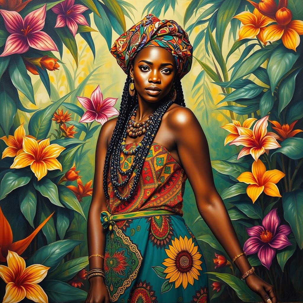 Vibrant African Woman in Lush Jungle Setting