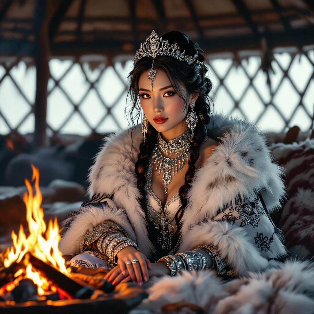 Siberian Princess by Fire in Ornate Yurt