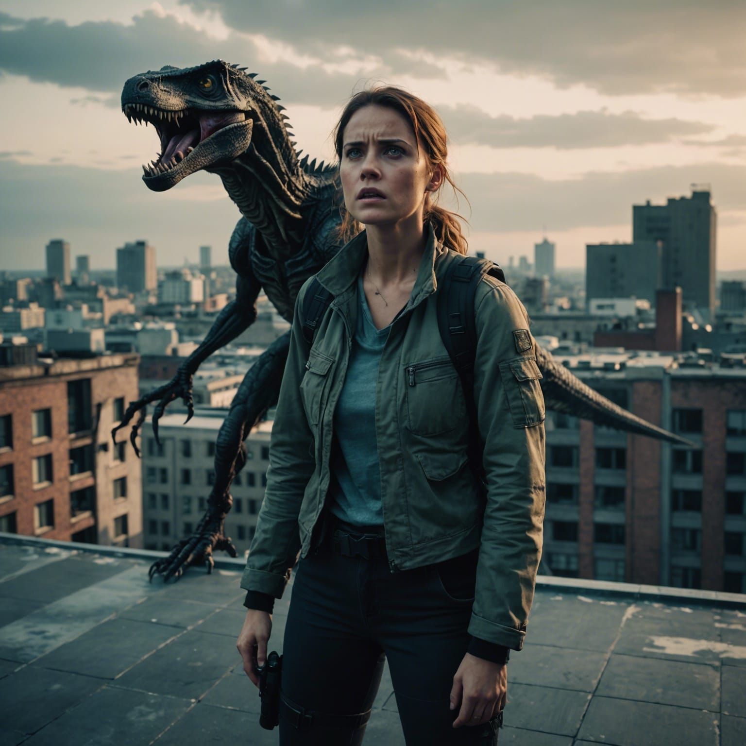 Horrified Woman Trapped on Rooftop: Cinematic Zombie Scene