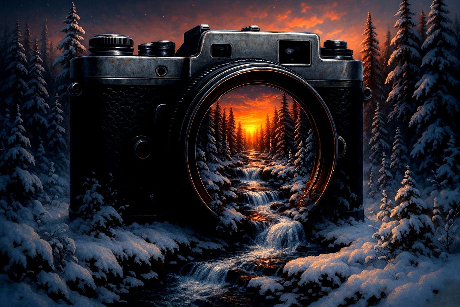 Vintage Camera Reveals Winter Forest Sunset