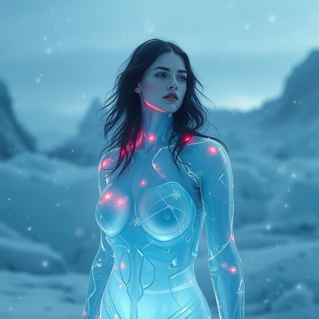 Icy Woman in Frozen Landscape: Digital Art