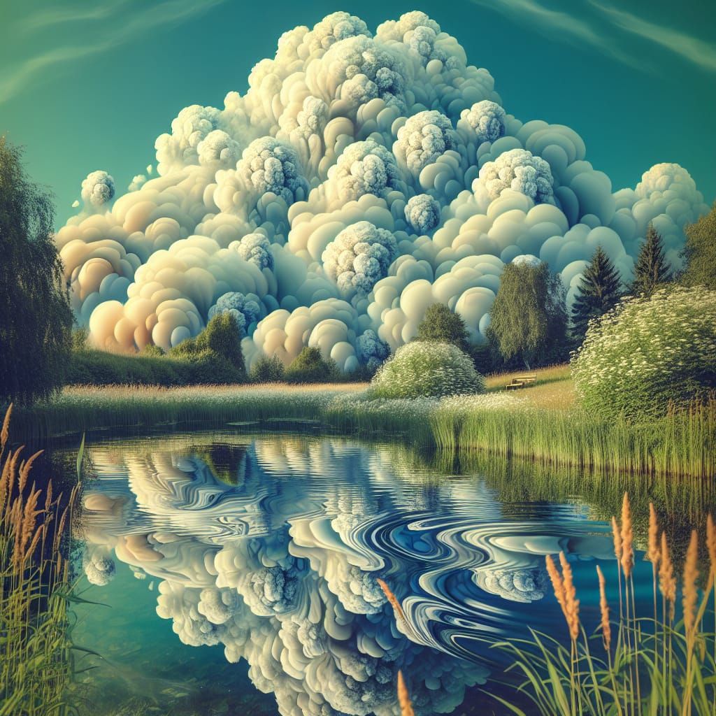 Hydrangea Clouds over Tranquil Meadow in Abstract Style
