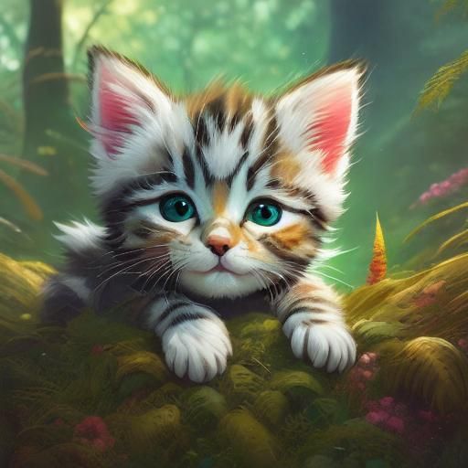 Kitten and Fairy Sleeping in Mossy Forest