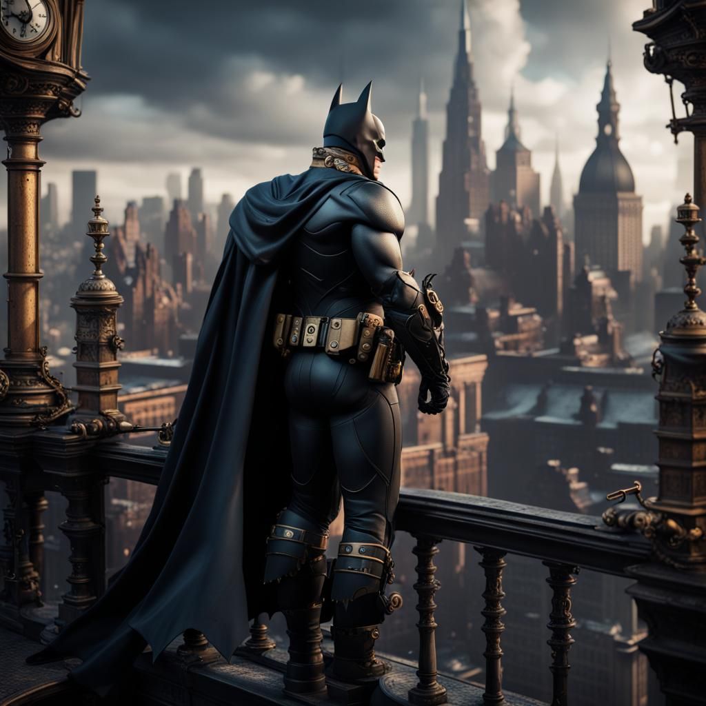 Steampunk Batman Over Victorian Gotham in Hyperrealism