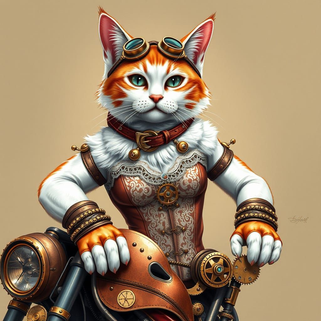Steampunk Cat Rides MotoGP Bike in Opulent Victorian Sci-Fi