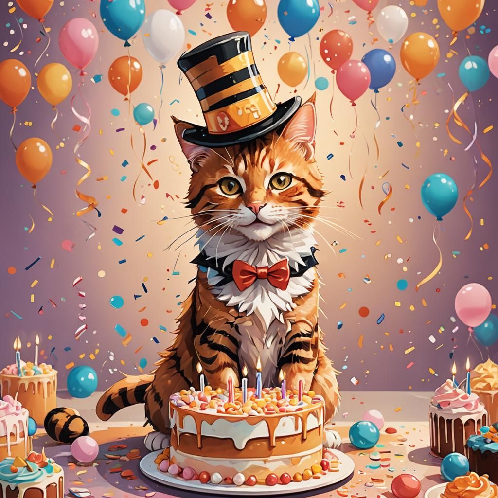 Chic Tabby Cat Celebrates Birthday in Anime Illustration