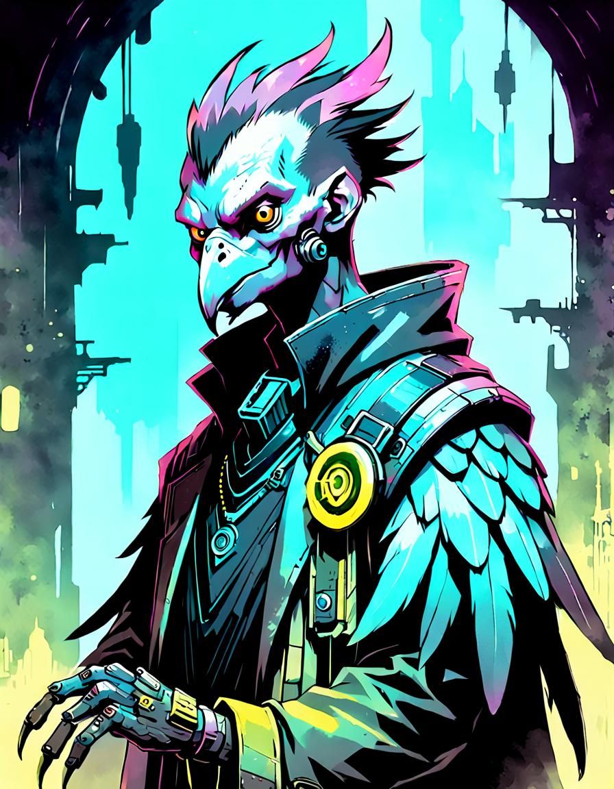 Cyberpunk Vulture Wizard Portrait in Fantasy Setting