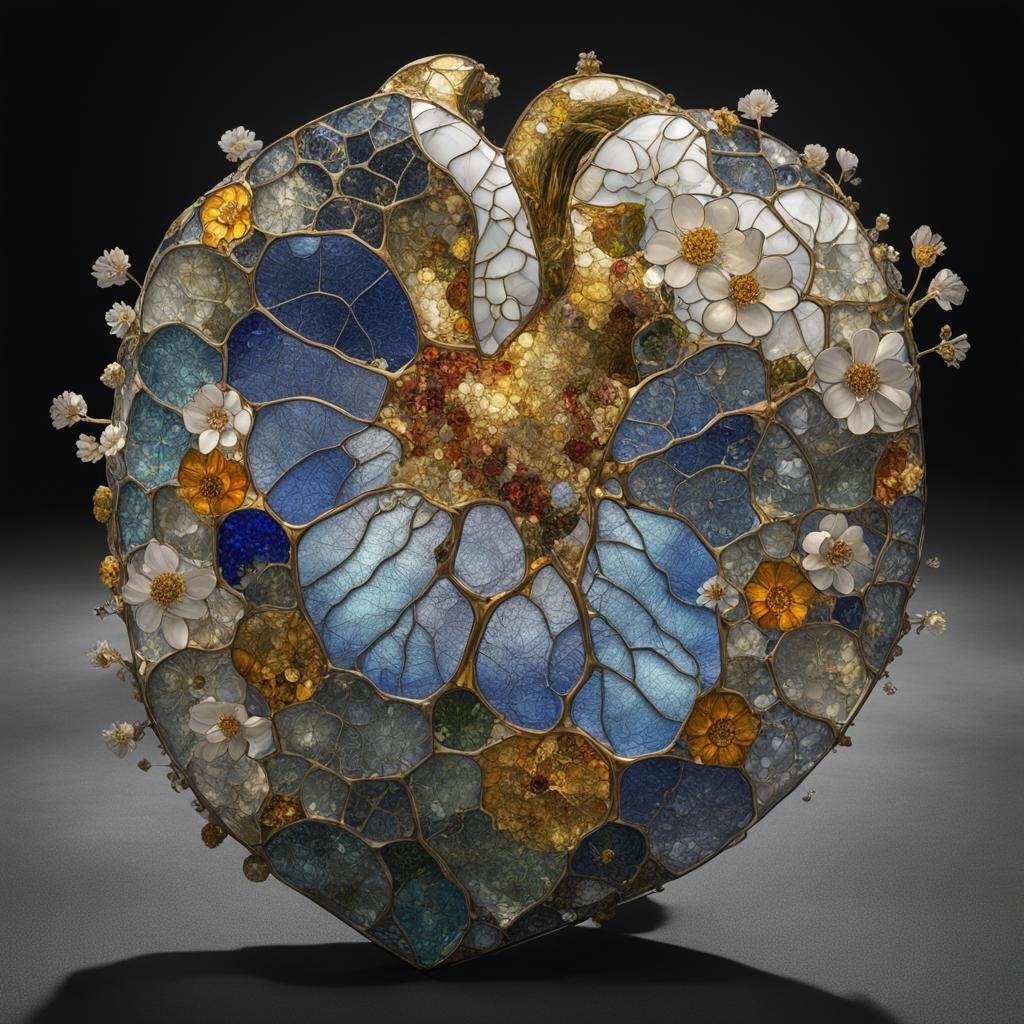 Glass Heart with Flowers in Klimt Style