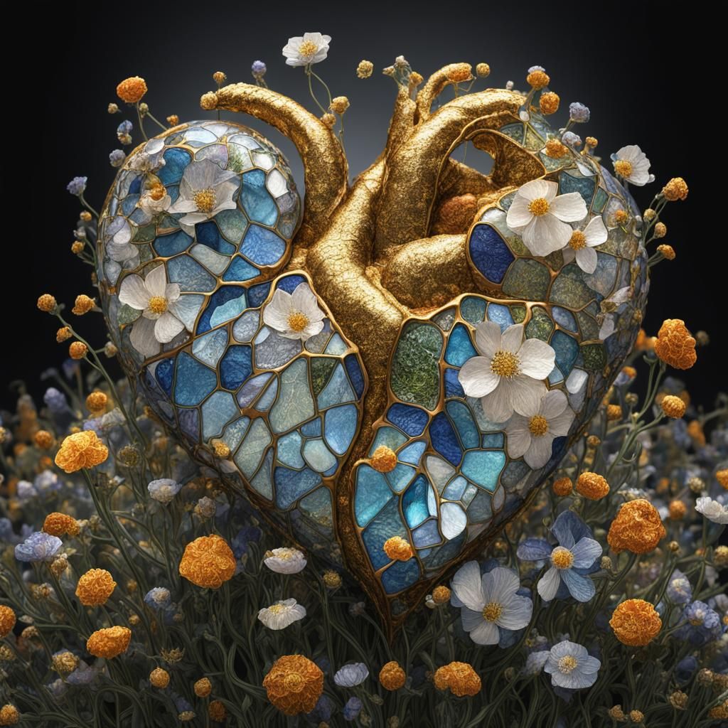Glass Heart with Flowers in Klimt Style