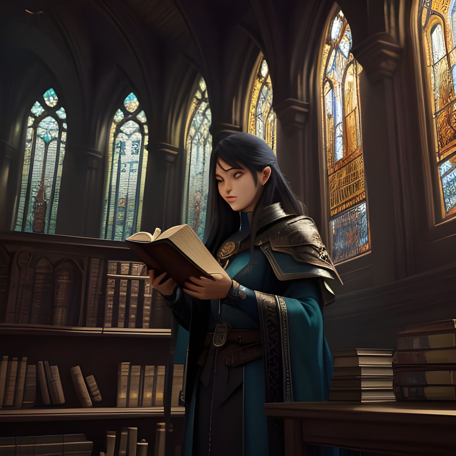 Young Mage Surrounded by Celestial Tomes in a Cloudy Library