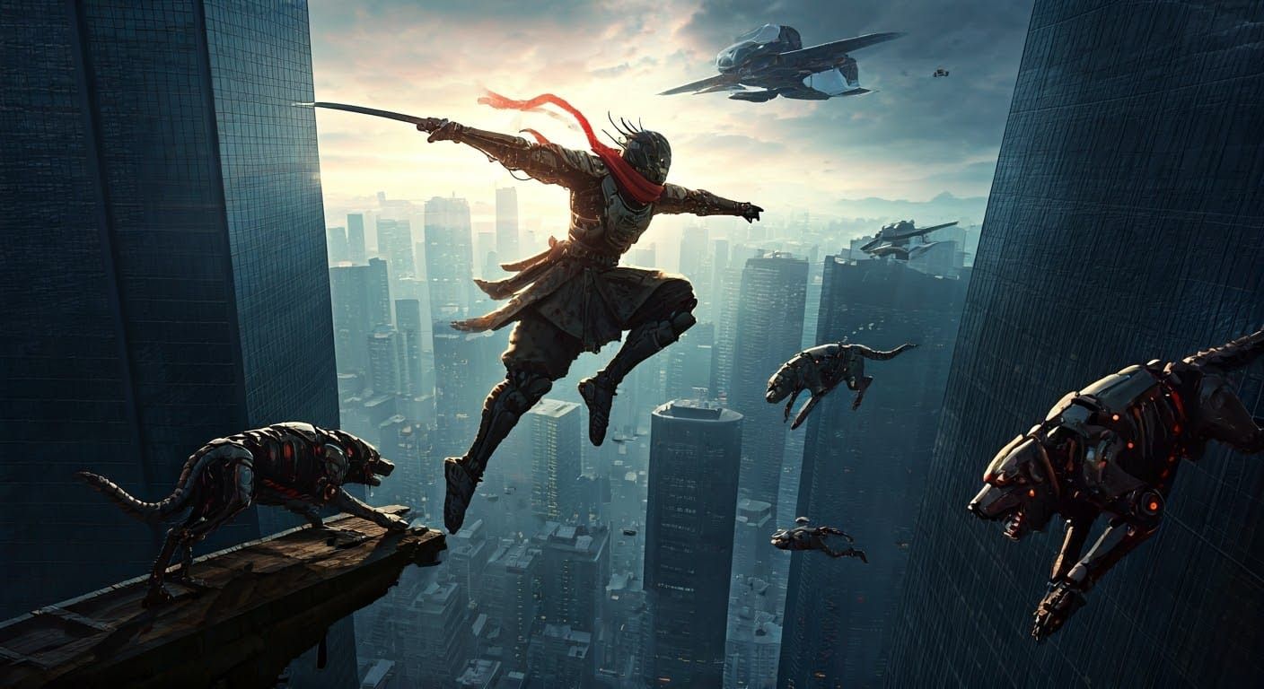 Samurai Robot Leap in a Futuristic Cityscape