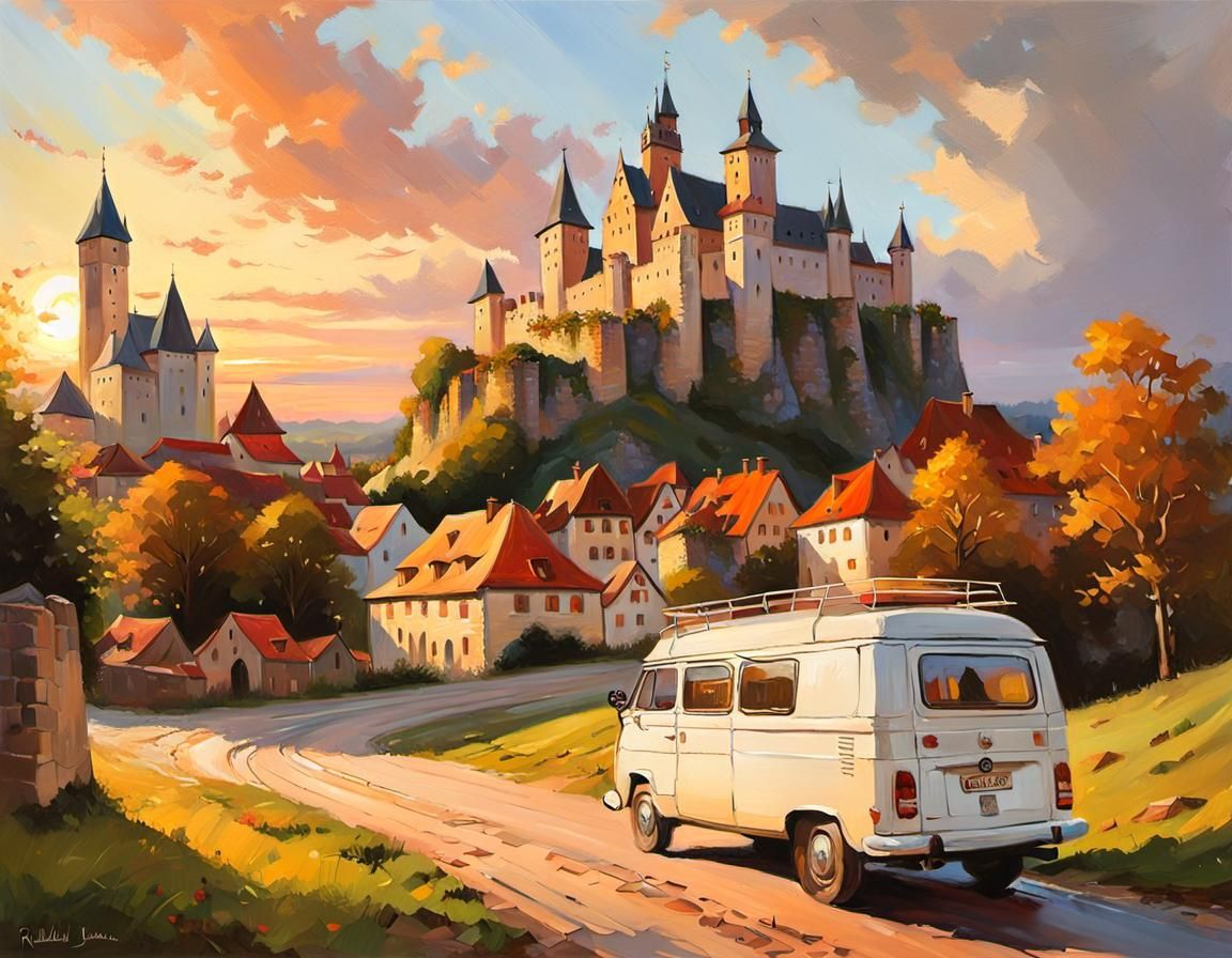 Campervan in Medieval German Town: Oil Painting